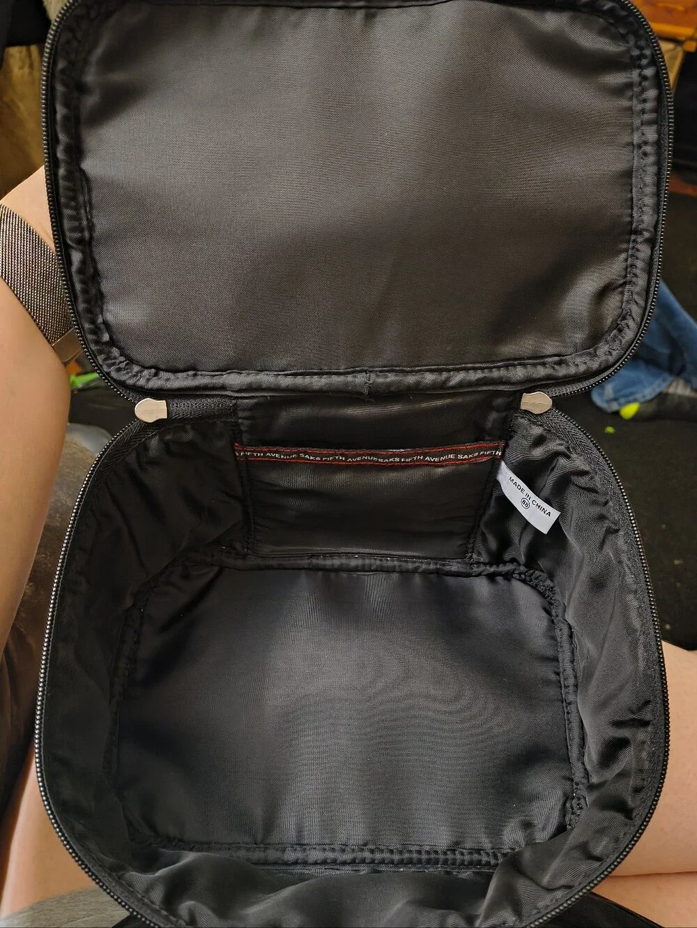 Saks Fifth Avenue brand Black Satin cosmetic bag